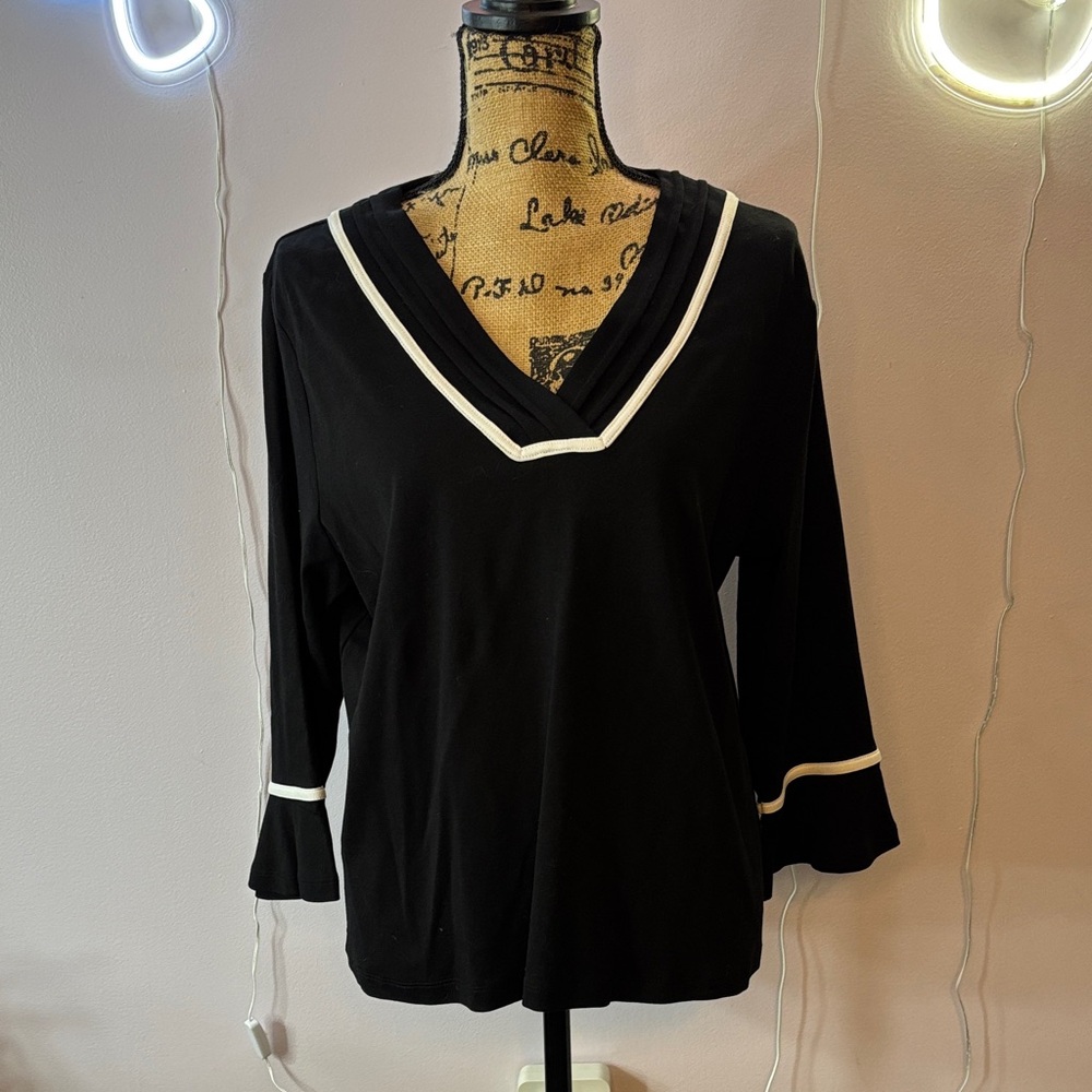 Rafaella Black V-Neck Blouse with White Trim